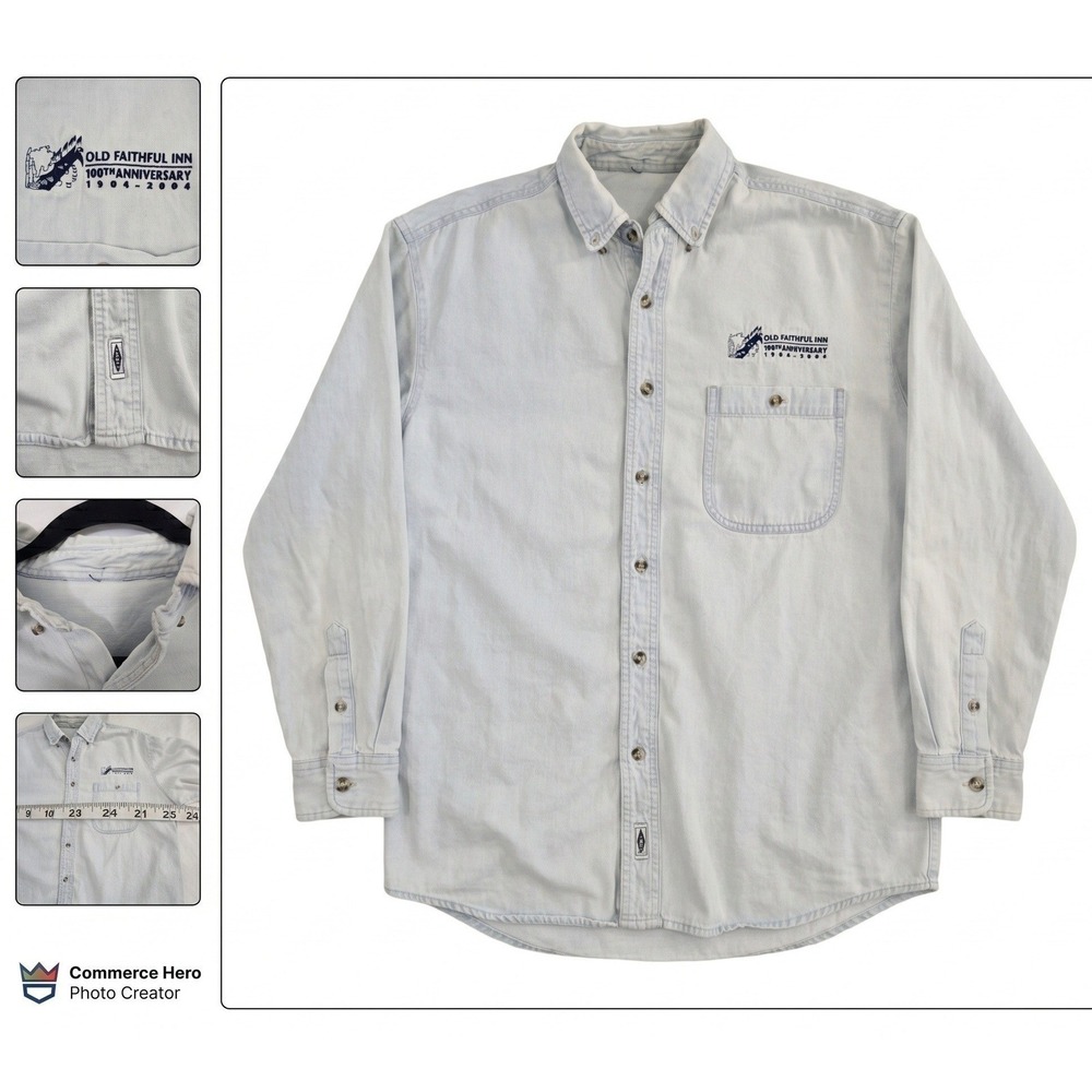 Vintage 2004 Old Faithful Inn Yellowstone Denim Shirt Mens XL 100th Anniversary